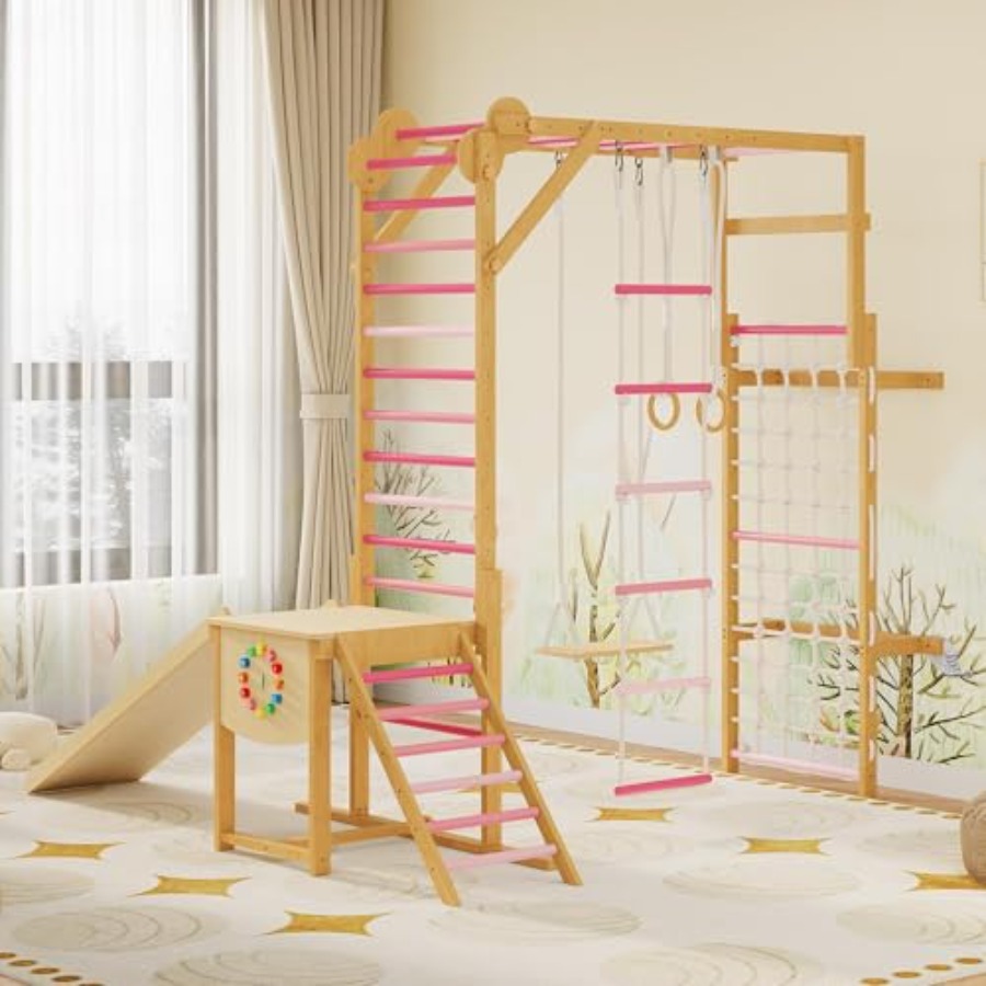 Gymnastic Rings Wooden - 8-in-1 Indoor Jungle Gym for Ages